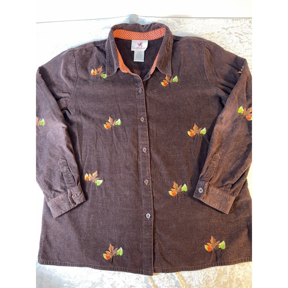 Quacker Factory Shirt Women's Large Brown Corduroy Fall Leaves Embroidered